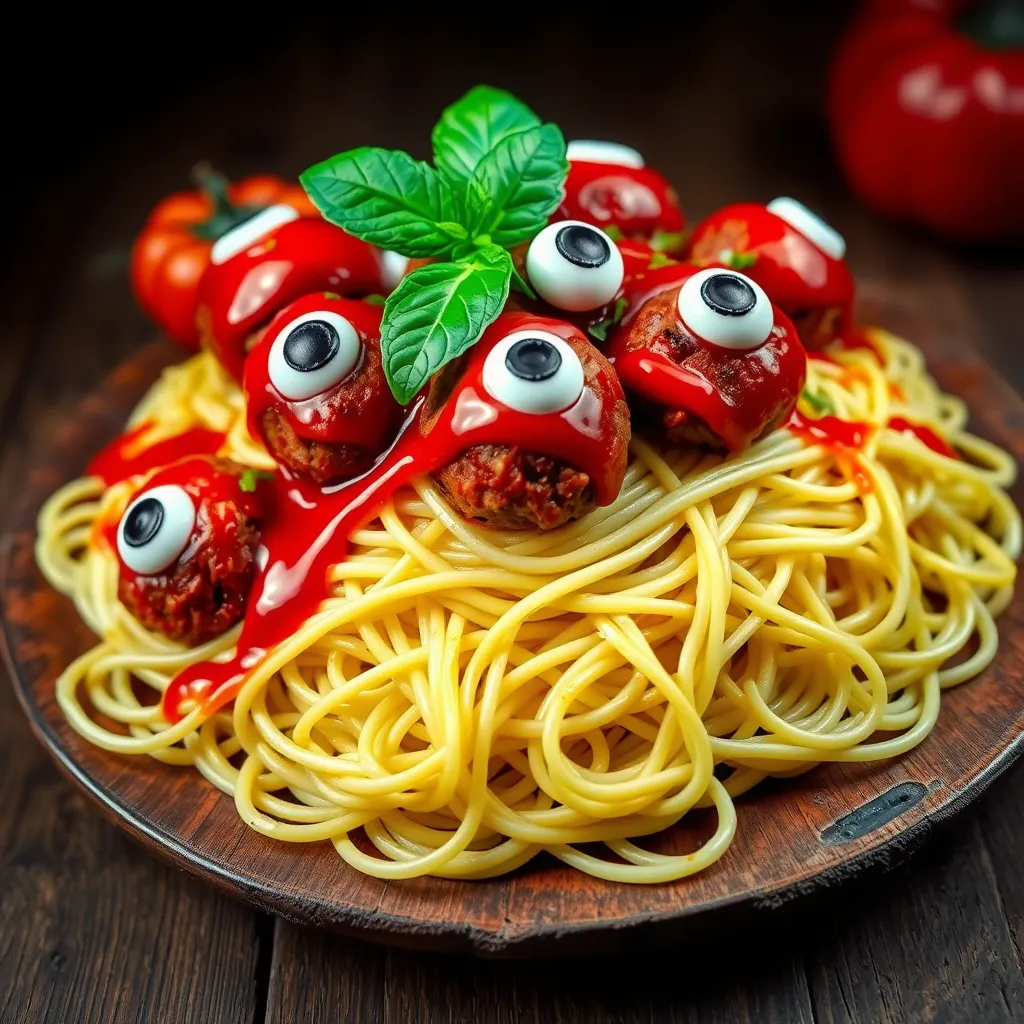 A plate of Eyeball Spaghetti featuring tangled noodles topped with meatballs that have candy eyeballs, served with vibrant red sauce and fresh basil, set against a dark background for a spooky Halloween theme