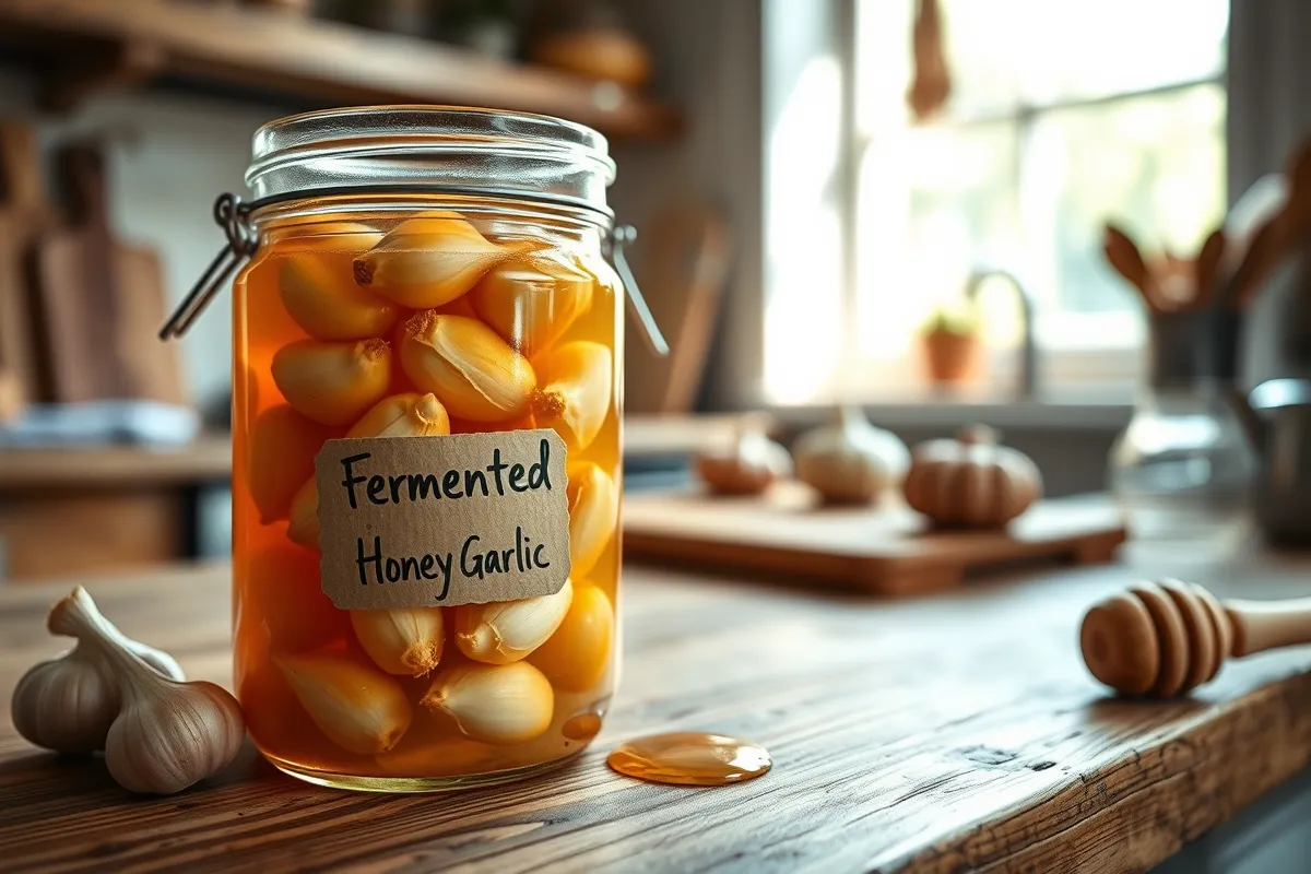 A jar of fermented honey garlic on a wooden countertop with garlic cloves and rich golden honey, showcasing the texture and appeal of this flavorful fermented honey garlic recipe