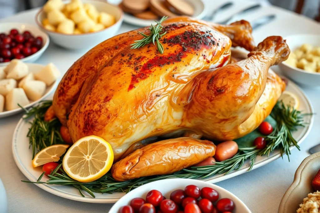 A beautifully roasted turkey with crispy golden-brown skin on a platter, garnished with fresh rosemary and lemon slices, set on a Thanksgiving table.