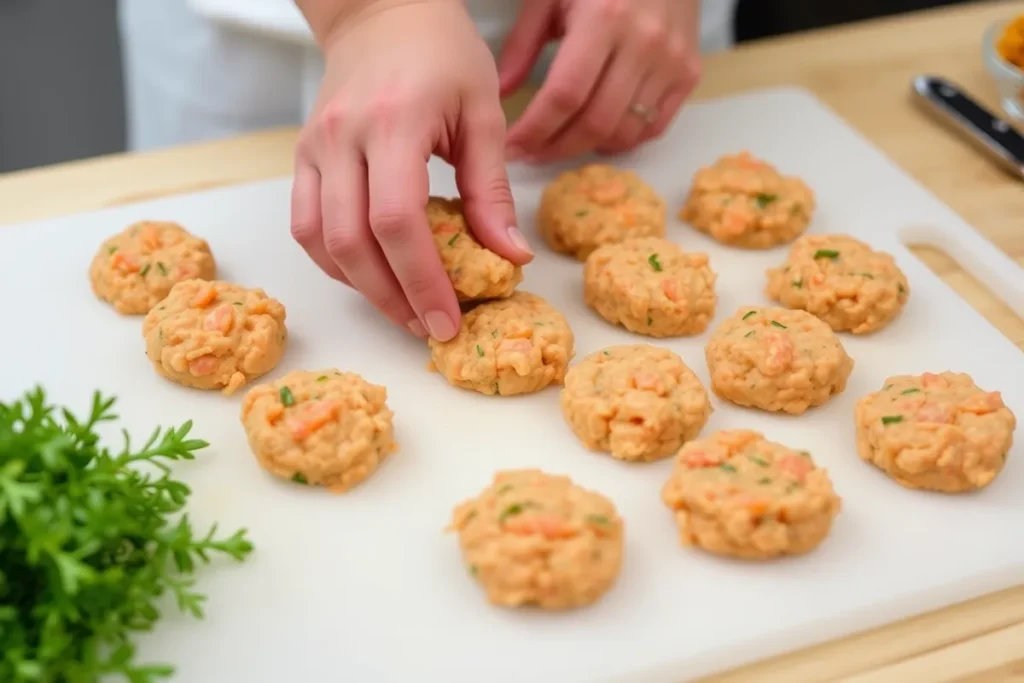 Hands shaping the salmon mixture into patties for salmon croquettes on a cutting board.
