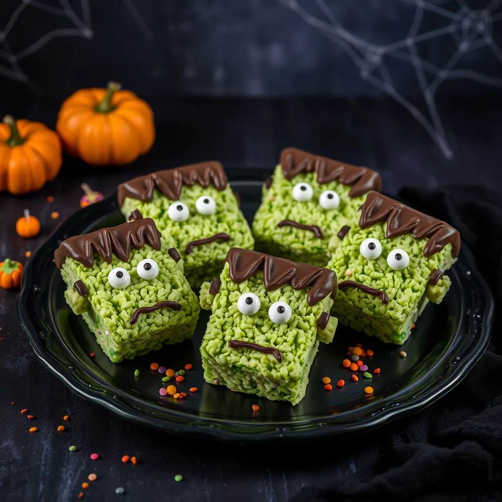 Vibrant presentation of Frankenstein Rice Krispie Treats, decorated with green icing, chocolate hair, and candy eyes, arranged on a spooky Halloween-themed platter with Halloween decorations