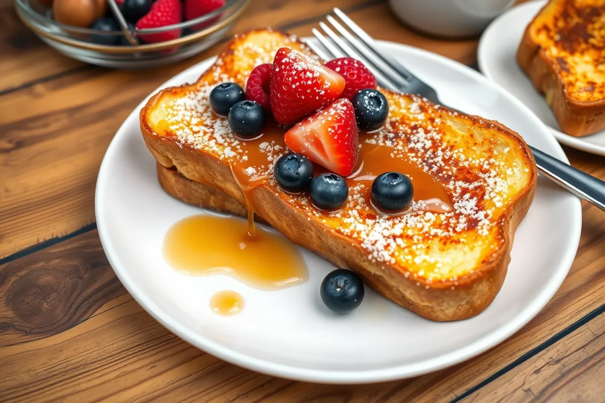 A plate of golden brown French toast topped with fresh strawberries, blueberries, and raspberries, drizzled with syrup and dusted with powdered sugar, served on a white plate with a fork on a rustic wooden table. Perfect for a cozy breakfast or brunch