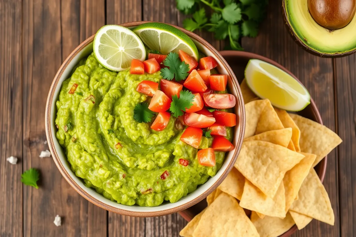 A vibrant bowl of homemade guacamole garnished with diced tomatoes and cilantro, accompanied by tortilla chips on a rustic wooden table. Perfect for a healthy snack or appetizer.