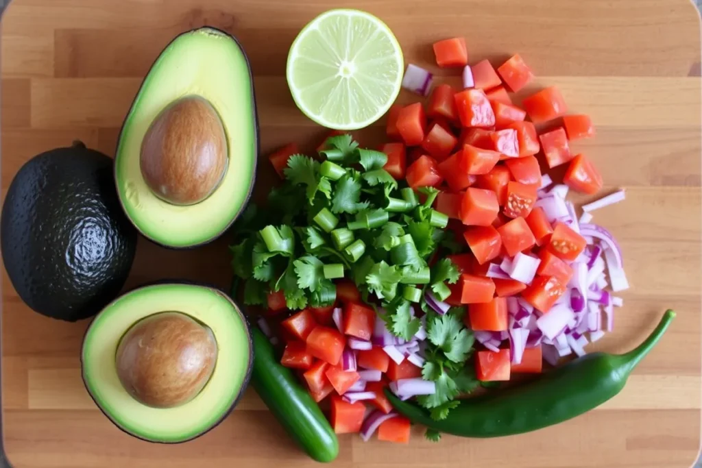 A selection of fresh ingredients for guacamole, including avocados, lime, tomatoes, onion, cilantro, and jalapeño on a cutting board