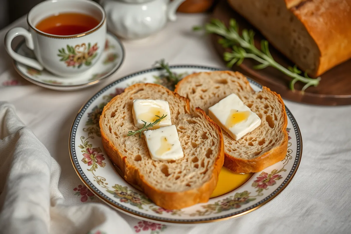 Slices of honey wheat bread served with butter and fresh herbs on a decorative plate, accompanied by a cup of tea, set on a cozy dining table.