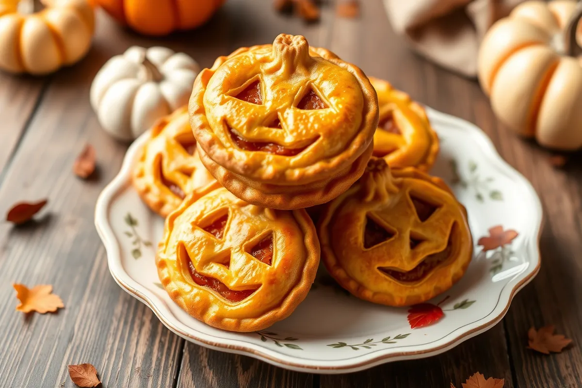 Golden, freshly baked jack-o'-lantern hand pies on a cooling rack, each showing fun Halloween faces