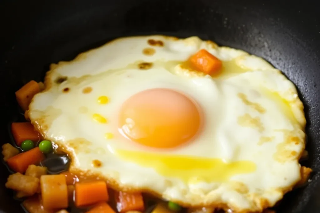 Sunny-side-up egg frying with a golden yolk for Bibimbap.