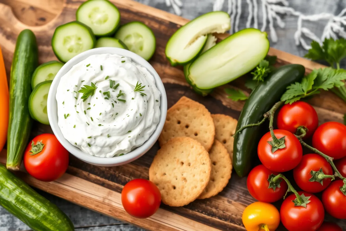 Garden vegetable cream cheese served with fresh vegetables and crackers, garnished with herbs, perfect for a healthy snack or appetizer