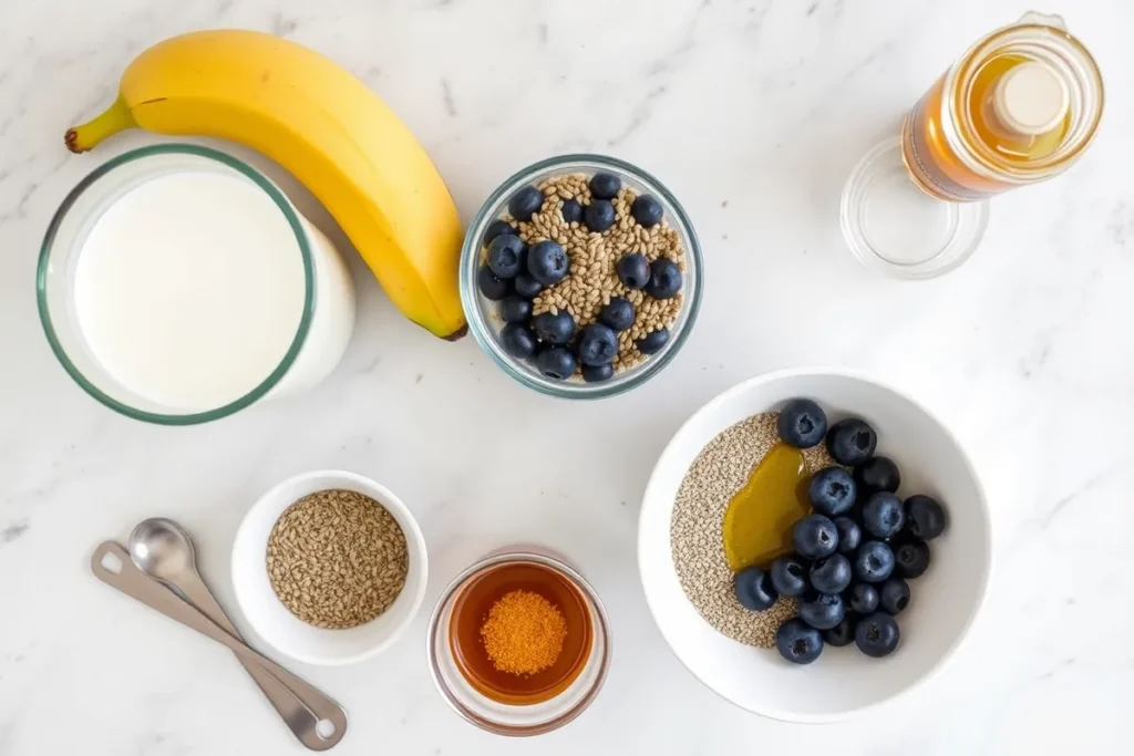 Fresh ingredients on a counter for Bee’s Breakfast Buzz Smoothie, including almond milk, banana, blueberries, chia seeds, honey, and bee pollen