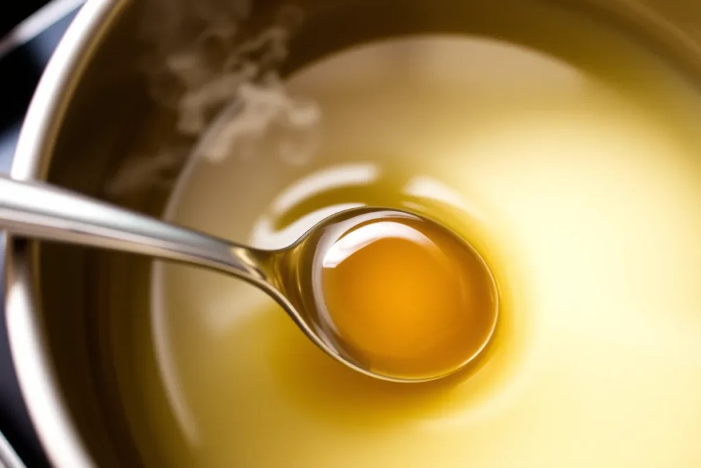 Heating honey and water on low heat with gentle stirring to dissolve honey for honey syrup