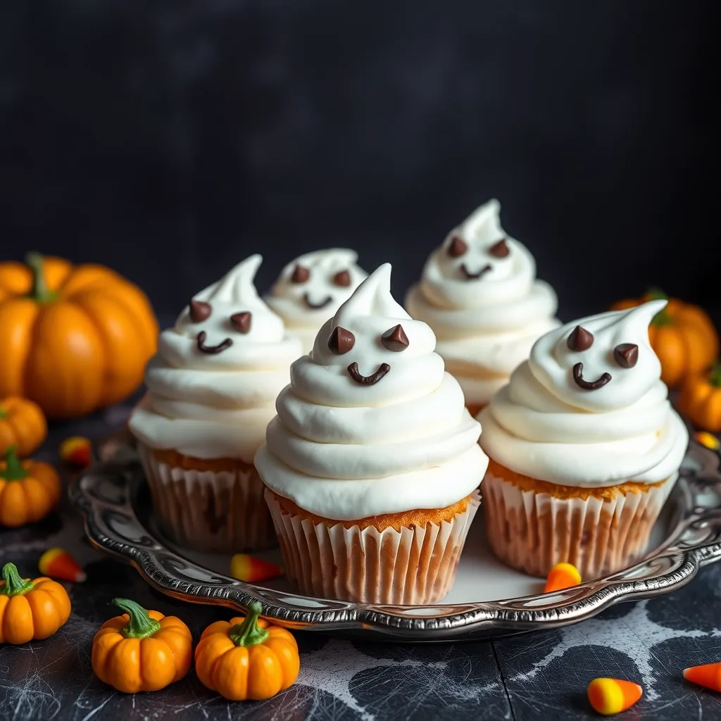 Delicious ghost cupcakes topped with fluffy white frosting shaped like ghosts, featuring chocolate chip eyes and smiles, arranged on a decorative platter with Halloween-themed decorations