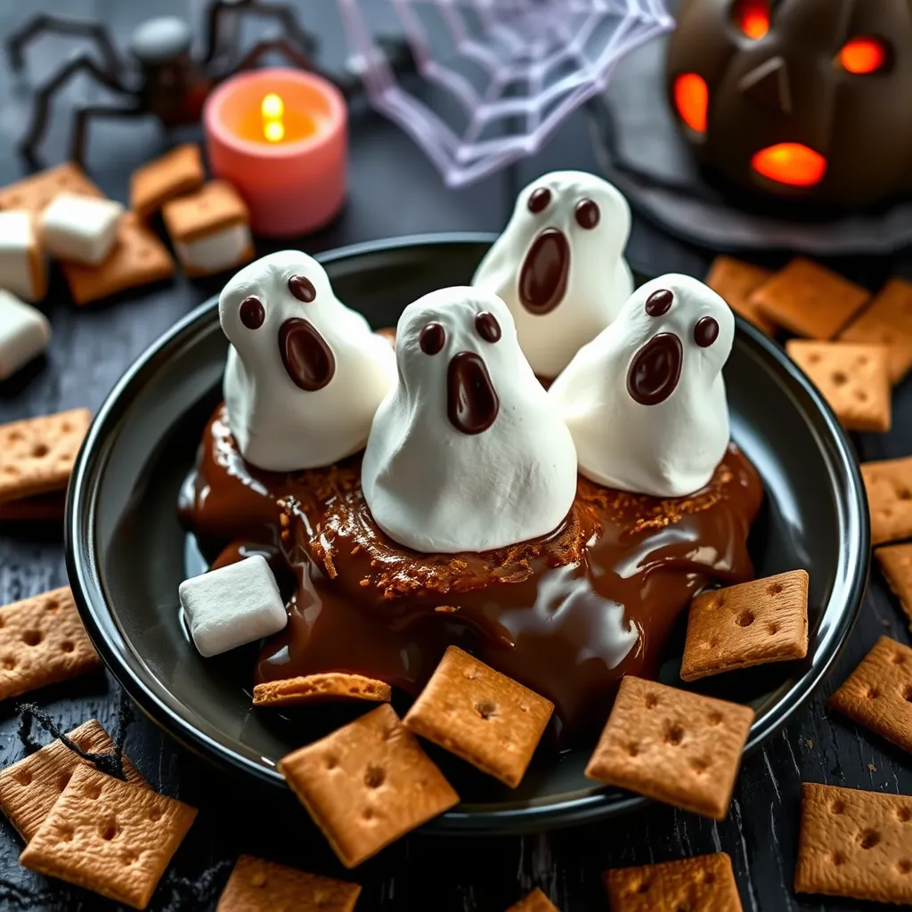 Ghost S'mores Dip on a Halloween-themed plate with marshmallow ghosts and graham crackers, a perfect Halloween recipe for a spooky dessert