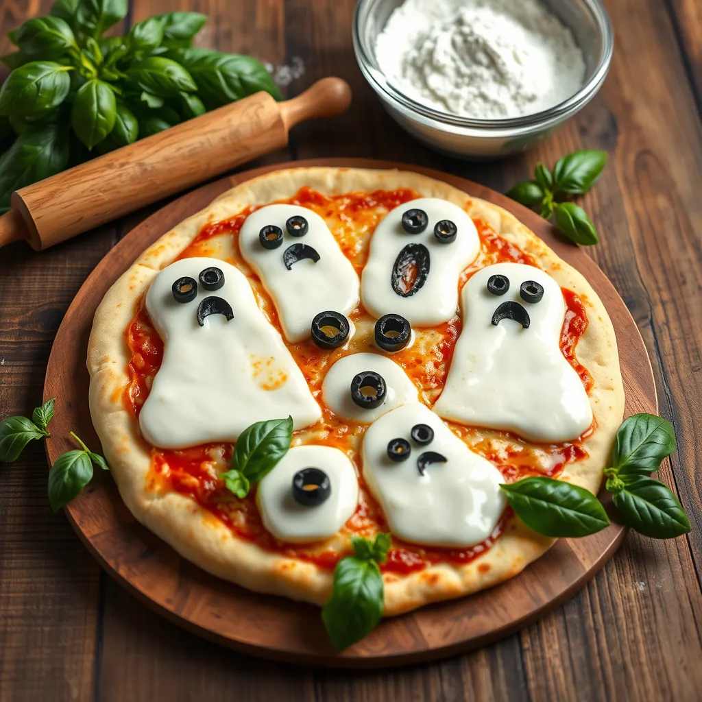 Delicious Ghostly Pizza topped with mozzarella cheese and black olive ghost faces, surrounded by fresh basil leaves and kitchen utensils on a rustic wooden table