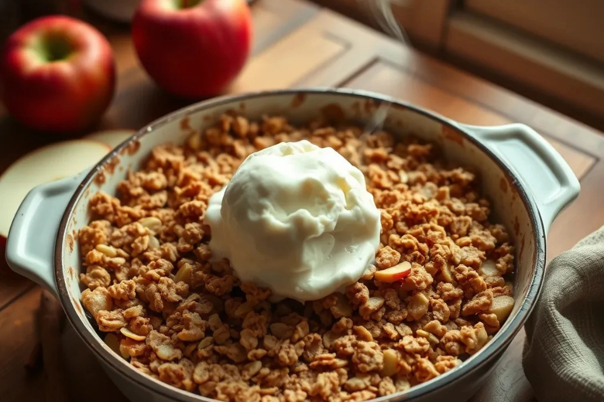 "Freshly baked apple crisp with a golden-brown oat topping, served with a melting scoop of vanilla ice cream on top. Sliced red and green apples are scattered around the rustic wooden table, with warm sunlight streaming through a window in the background."