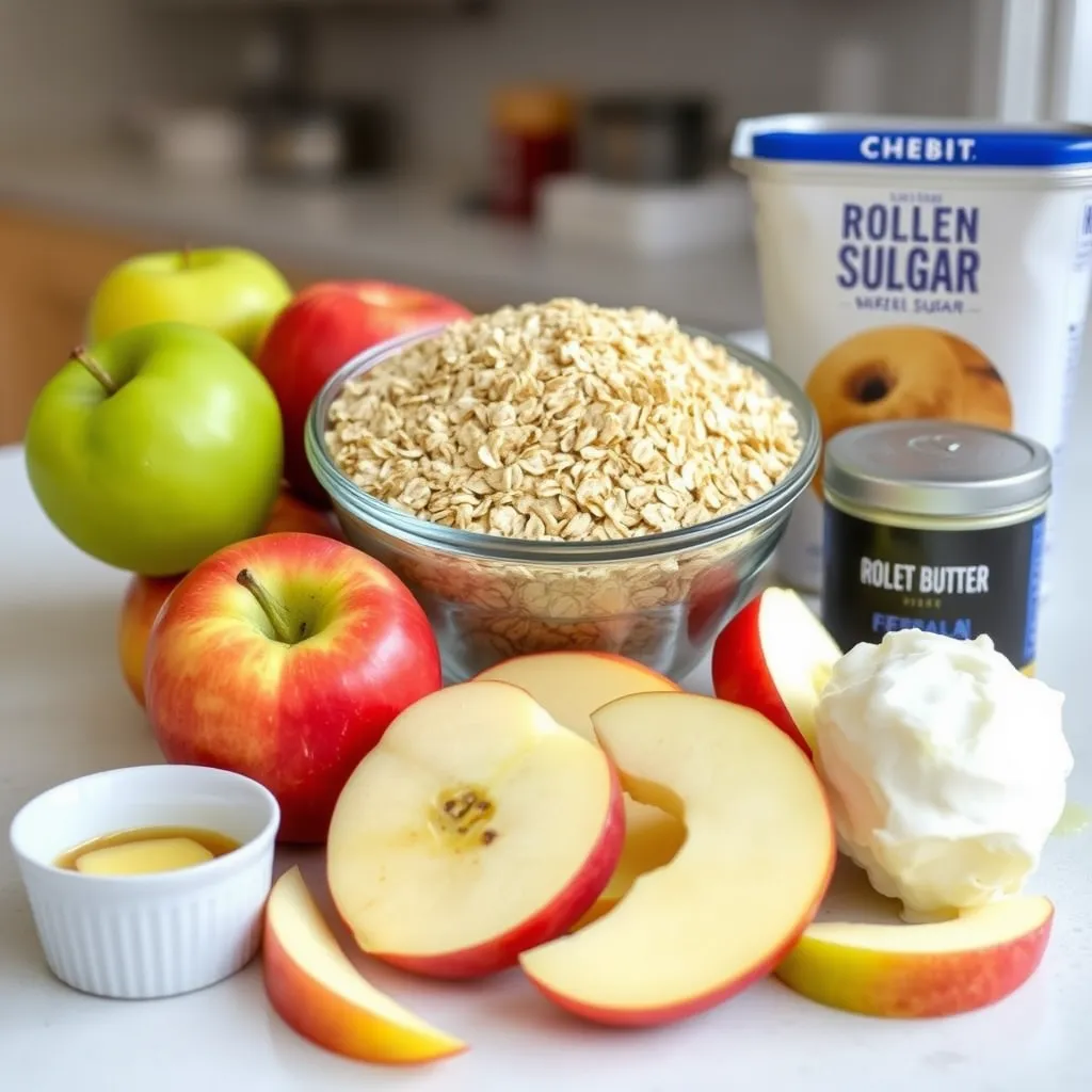 "Freshly baked apple crisp with a golden-brown oat topping, served with a melting scoop of vanilla ice cream on top. Sliced red and green apples are scattered around the rustic wooden table, with warm sunlight streaming through a window in the background."






