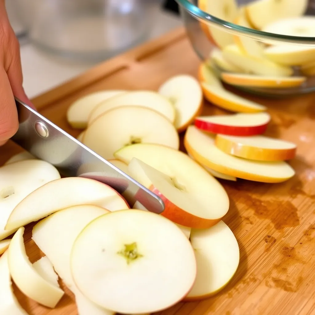 "Freshly baked apple crisp with a golden-brown oat topping, served with a melting scoop of vanilla ice cream on top. Sliced red and green apples are scattered around the rustic wooden table, with warm sunlight streaming through a window in the background."






