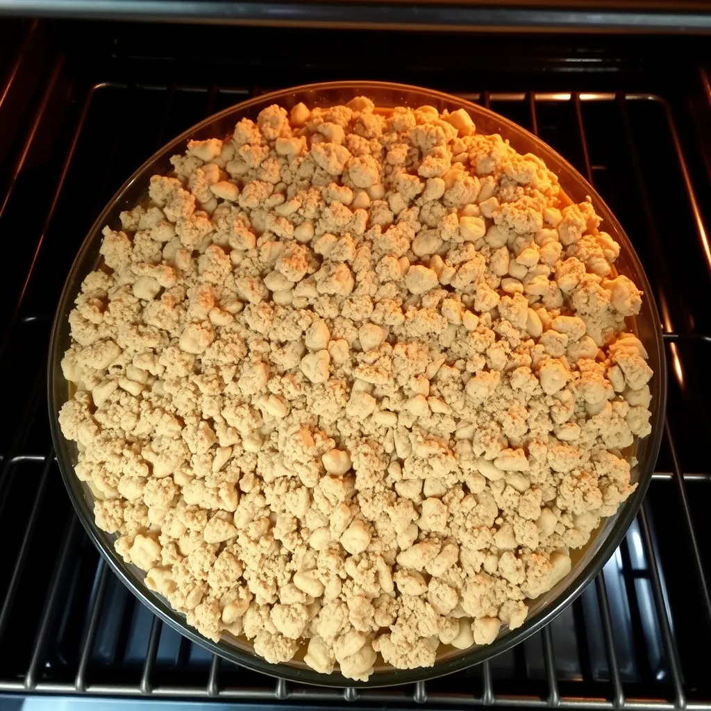 "Freshly baked apple crisp with a golden-brown oat topping, served with a melting scoop of vanilla ice cream on top. Sliced red and green apples are scattered around the rustic wooden table, with warm sunlight streaming through a window in the background."