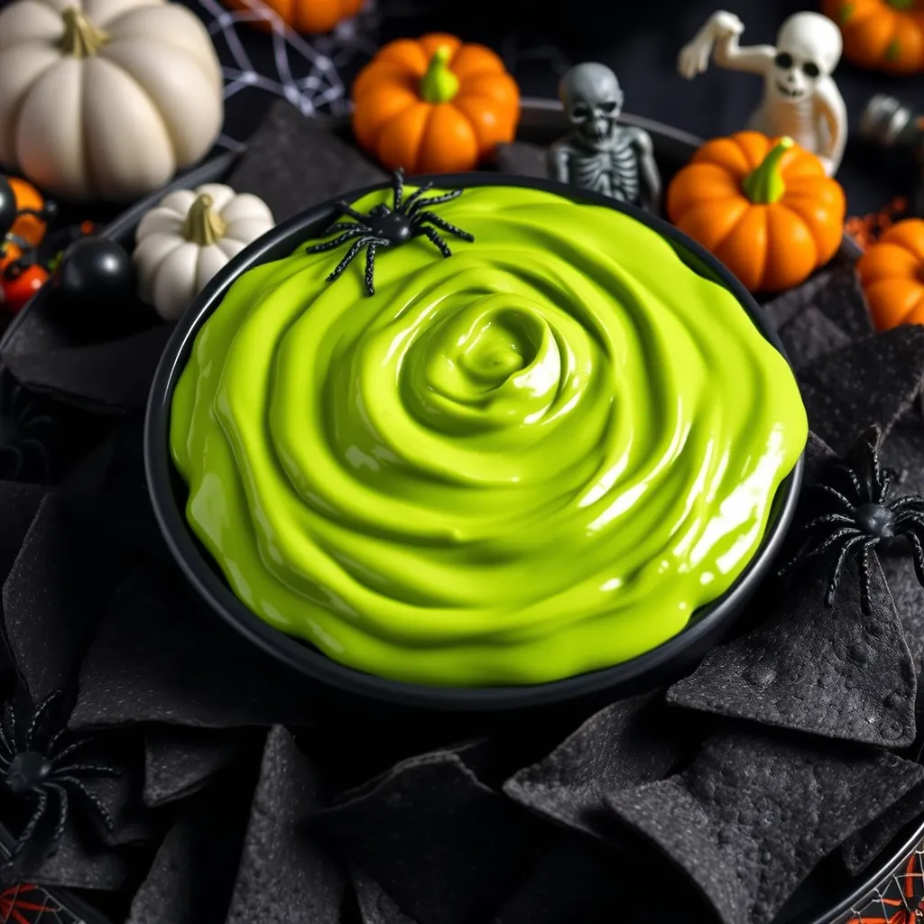 Green Slime Dip for Halloween party - spooky appetizer perfect for Halloween recipe ideas, served with black tortilla chips and Halloween decorations