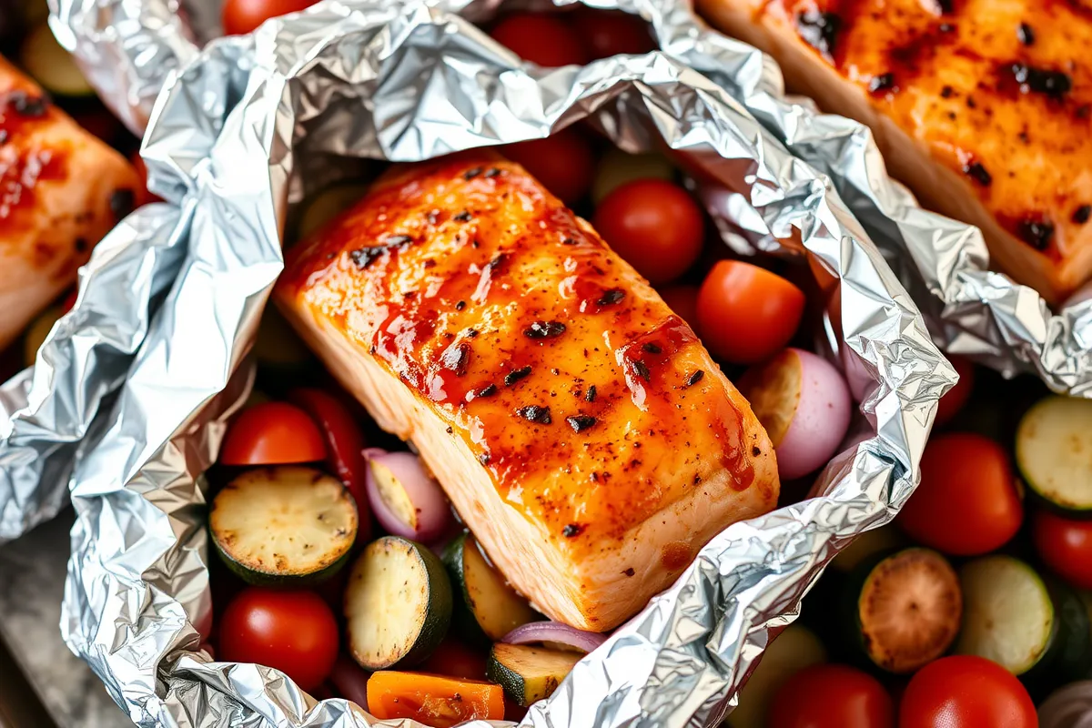 Grilled honey-chipotle salmon foil packets with zucchini, bell peppers, red onion, and cherry tomatoes – a sweet and spicy summer grilling recipe