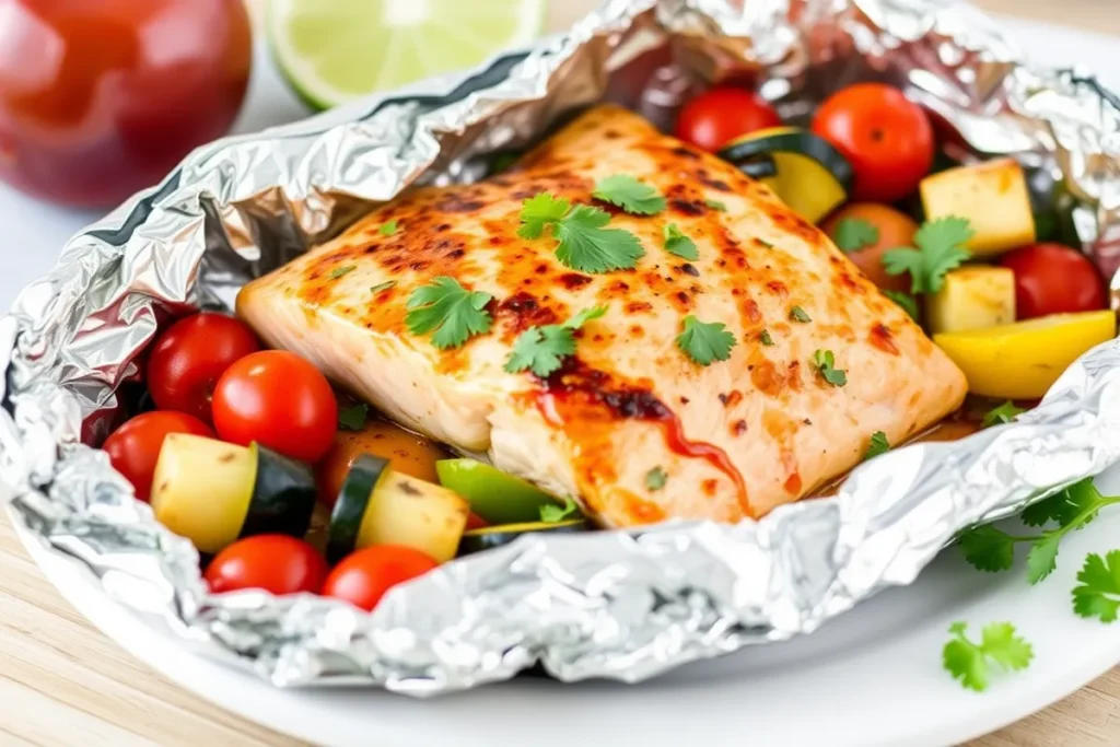 A serving of grilled honey-chipotle salmon and vegetables, garnished with fresh cilantro, showcasing a colorful and flavorful meal