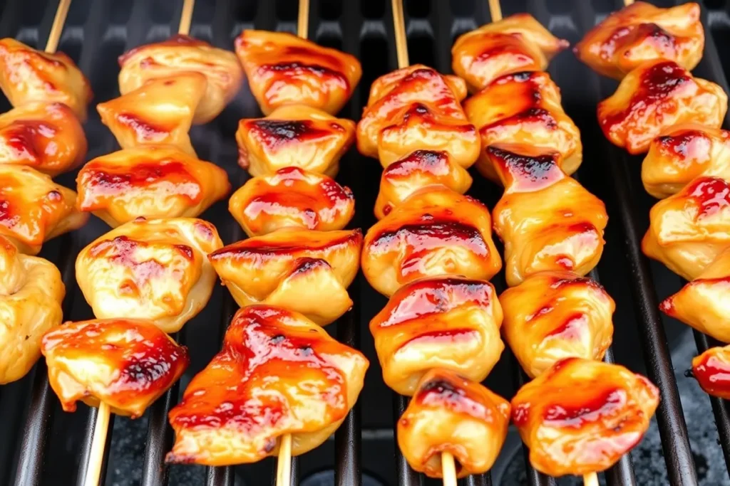 Honey garlic chicken skewers grilling with char marks and a golden brown glaze