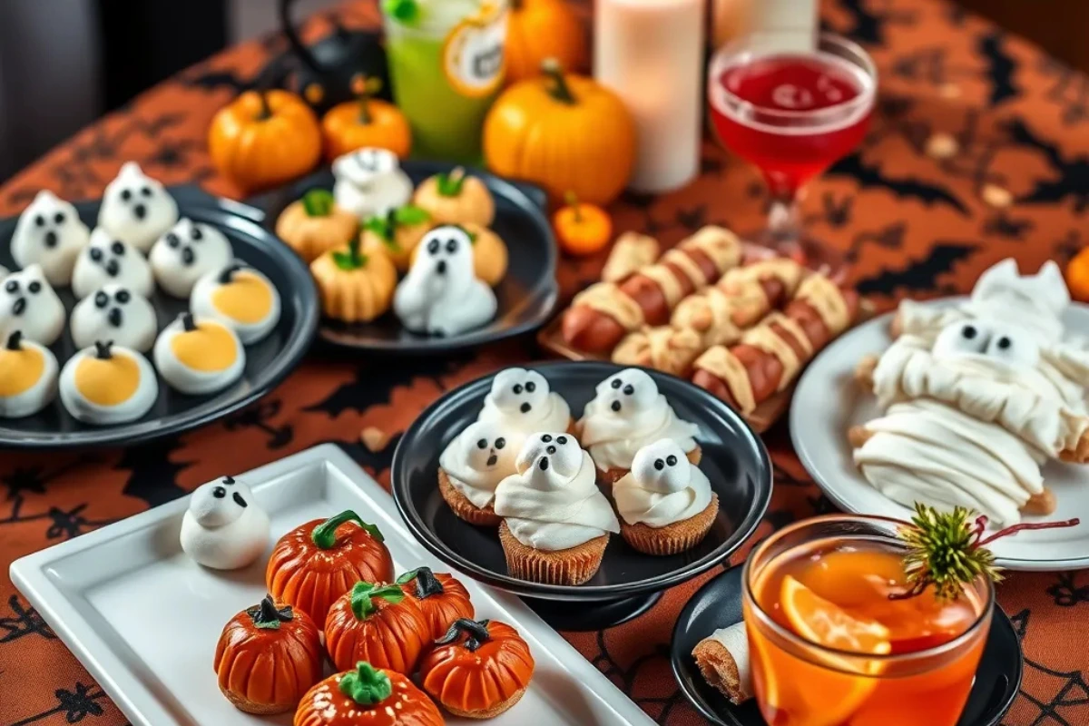 "Create a professional presentation image featuring a beautifully arranged table of Halloween-themed food recipes. Include a variety of dishes such as spooky pumpkin-shaped cheese balls, ghostly cupcakes with marshmallow toppings, mummy hot dogs wrapped in pastry, and vibrant Halloween cocktails with garnishes. The setting should have festive decorations like orange and black tablecloths, mini pumpkins, and spooky candles to create a warm yet eerie atmosphere. The lighting should be warm and inviting, emphasizing the delicious colors of the food."