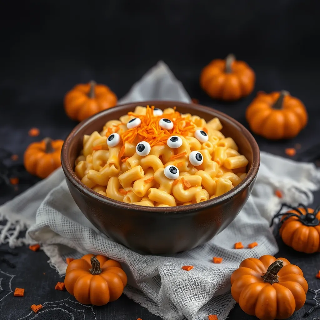 A bowl of Halloween Mac and Cheese topped with candy eyes and orange cheese shreds, surrounded by small pumpkins and spooky decorations, set against a dark background.