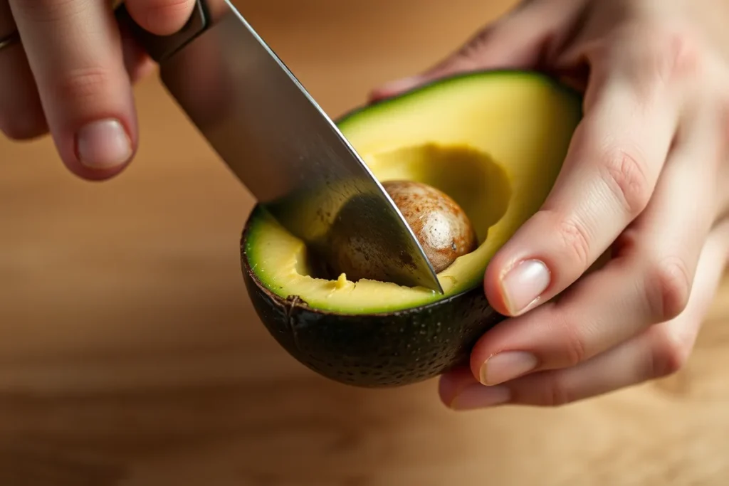 A hand slicing through a ripe avocado to reveal its vibrant green flesh.