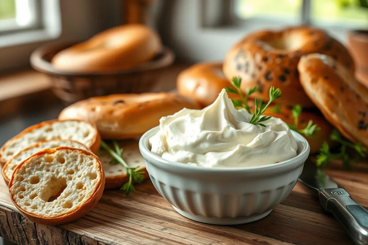 Smooth and creamy homemade cream cheese in a white ceramic bowl, garnished with fresh herbs, surrounded by bagels and crackers in a cozy kitchen setting