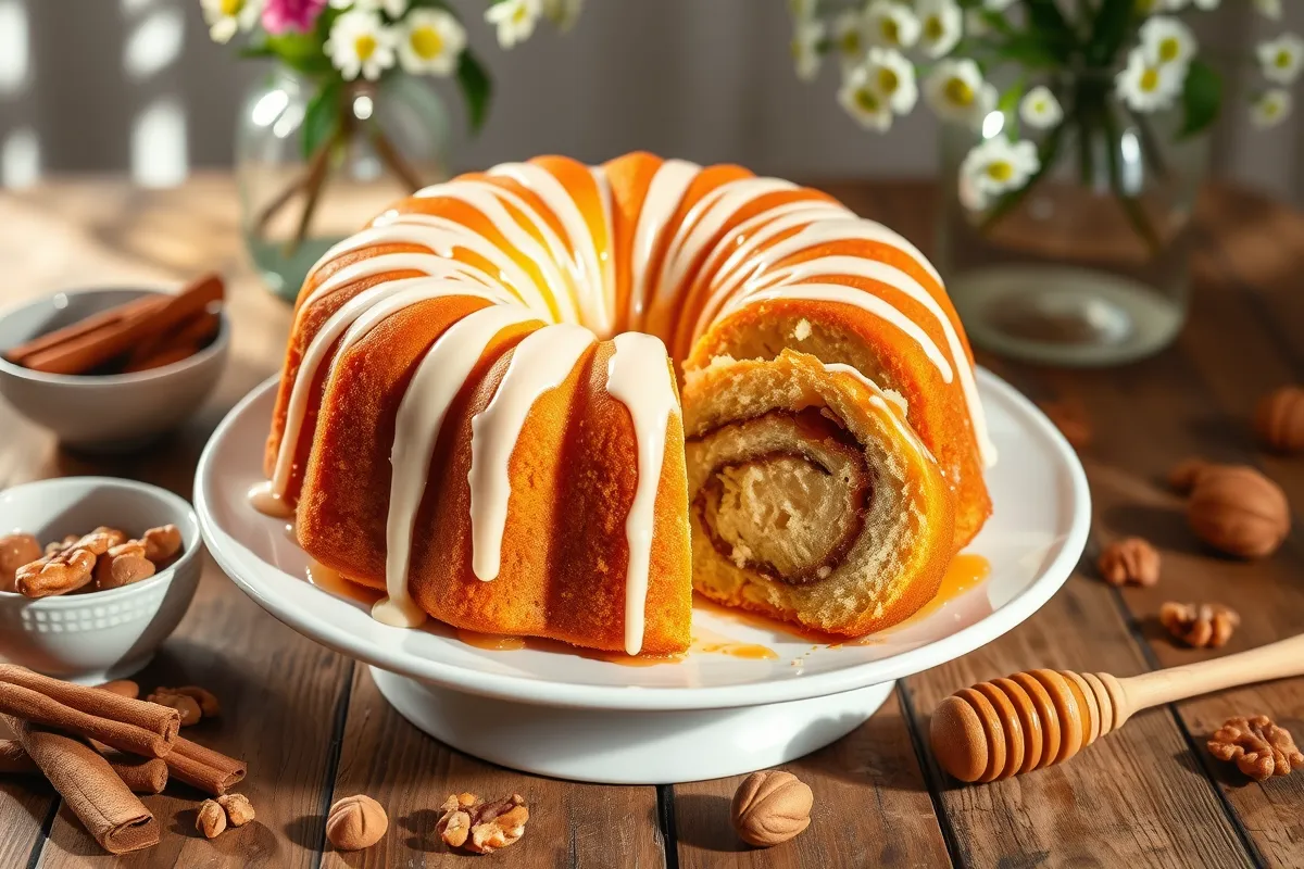 Golden, fluffy Honey Bun Cake drizzled with vanilla glaze, showcasing cinnamon sugar swirls