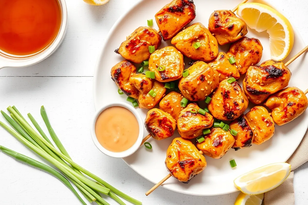 Plate of golden brown honey garlic chicken skewers garnished with sesame seeds and green onions, served with dipping sauce and lemon wedges for garnish