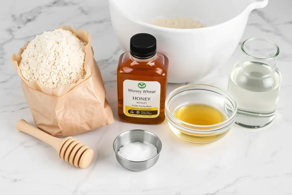 A flat lay of honey wheat bread ingredients including whole wheat flour, honey, yeast, salt, and warm water arranged on a marble countertop with a mixing bowl.