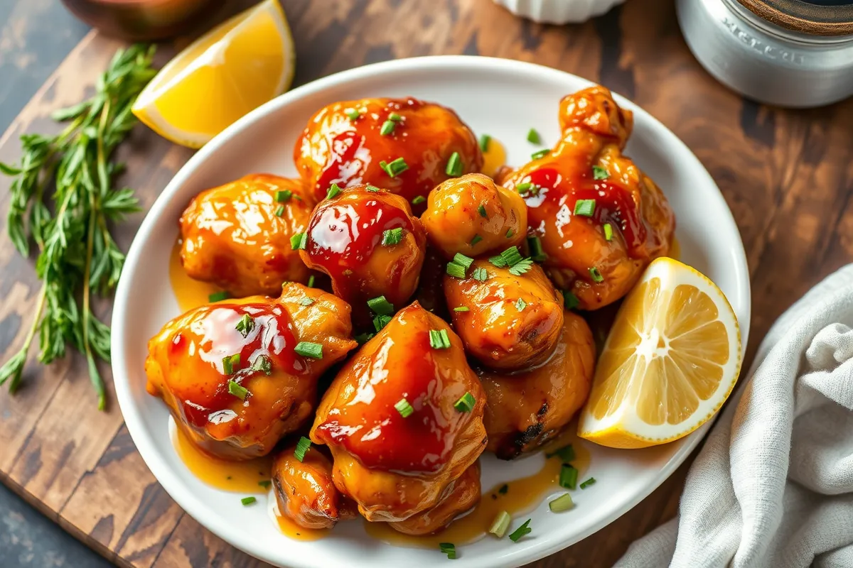 Finished Hot Honey Chicken served with fresh herbs and lemon wedges on a white plate for a flavorful presentation.