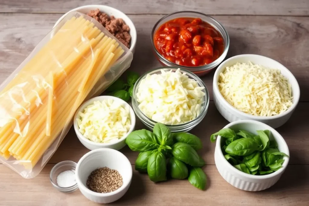 Close-up of ingredients for baked ziti including pasta, ground beef or Italian sausage, marinara sauce, ricotta, mozzarella, Parmesan, basil, and seasonings