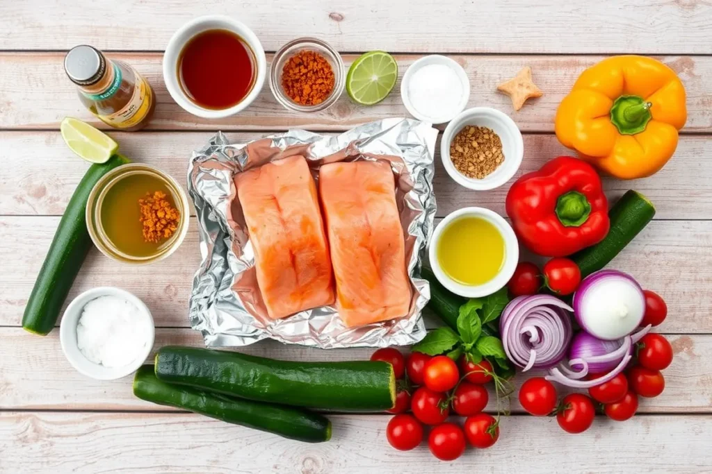 Fresh salmon fillets with honey, chipotle chili powder, olive oil, lime wedges, and vegetables like zucchini, bell peppers, red onions, and cherry tomatoes for Grilled Honey-Chipotle Salmon Foil Packets