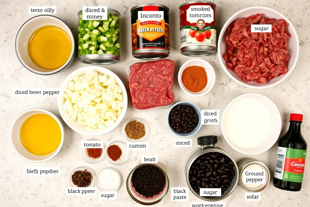 Ingredients for beef and bean chili laid out on a countertop, including ground beef, beans, tomatoes, spices, and Worcestershire sauce, ready for a flavorful chili recipe