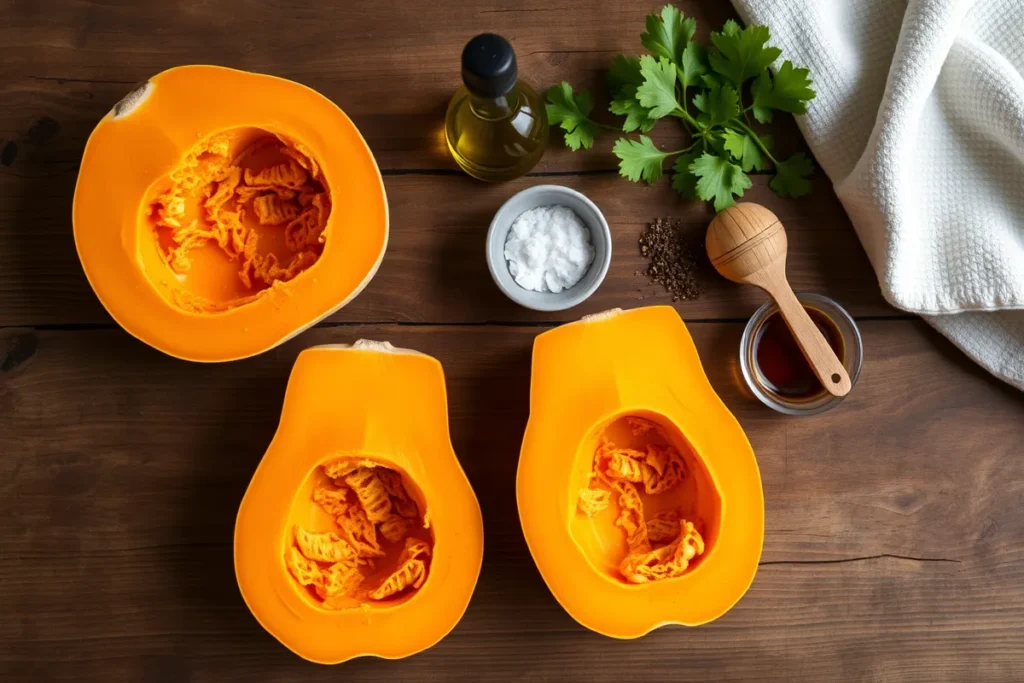 Overhead view of ingredients for honeynut squash recipe, featuring honeynut squash halves, olive oil, salt, pepper, and maple syrup