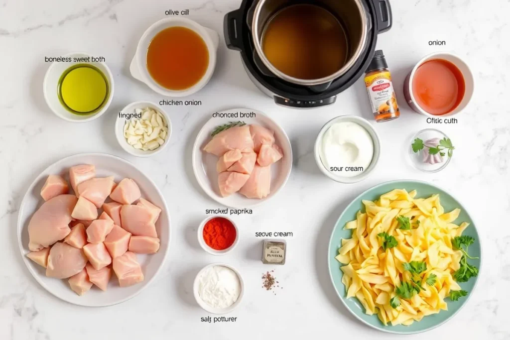 Ingredients for Instant Pot Chicken Paprikash, including chicken chunks, olive oil, chopped onion, garlic, chicken broth, Hungarian sweet and smoked paprika, sour cream, flour, and fresh parsley, ready for cooking