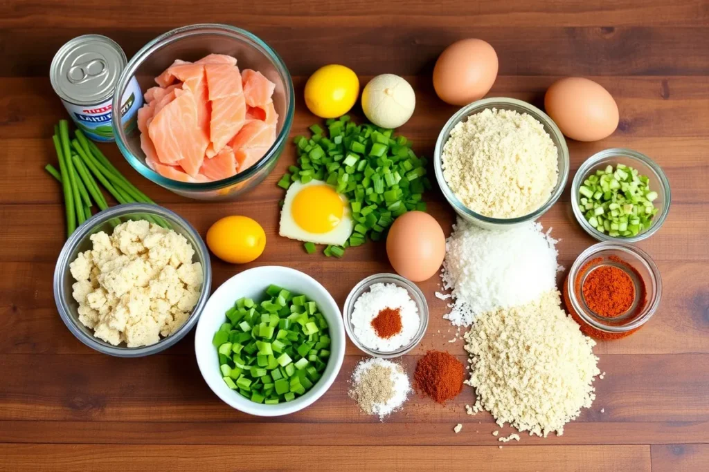 Ingredients for salmon croquettes laid out on a wooden countertop, showcasing canned salmon, green onions, breadcrumbs, eggs, and spices