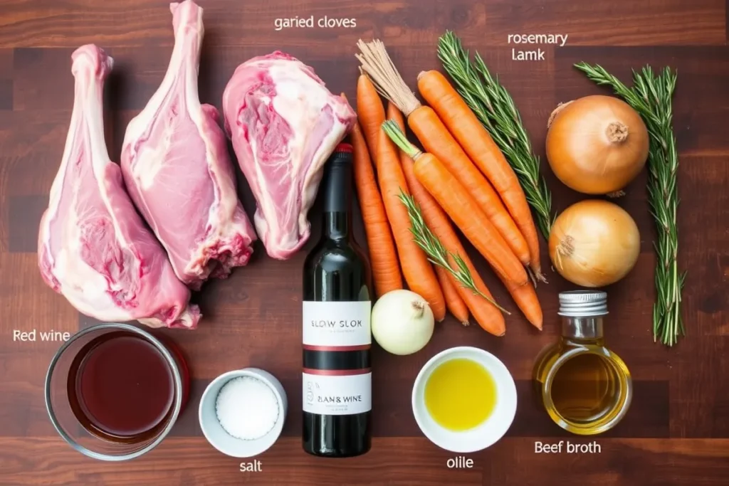 Fresh ingredients for Slow Cooked Lamb Shanks, including lamb, garlic, carrots, onions, rosemary, red wine, and beef broth