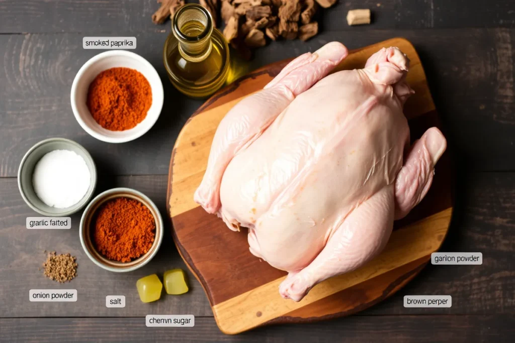 Ingredients for smoking chicken, including a whole chicken, olive oil, smoked paprika, garlic powder, onion powder, black pepper, salt, brown sugar, and wood chips (hickory, apple, or cherry wood).