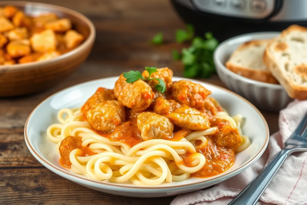 A serving of Instant Pot Chicken Paprikash, featuring tender chicken in a rich, creamy paprika sauce, served over a bed of egg noodles and garnished with fresh parsley, showcasing the comforting and hearty nature of this traditional Hungarian dish