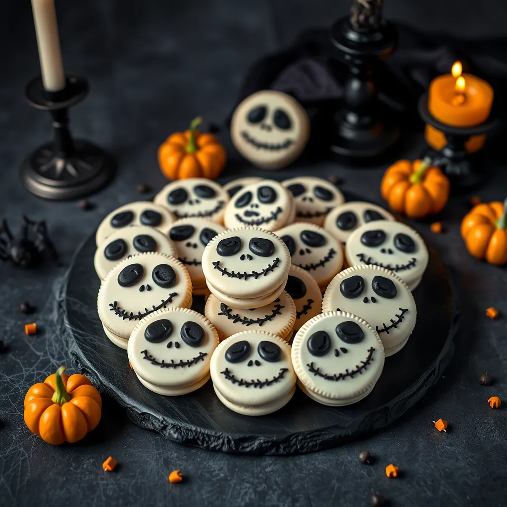 Professionally presented Jack Skellington Oreos, dipped in white chocolate and decorated with Jack Skellington's face in black icing, placed on a black slate platter surrounded by Halloween-themed elements like pumpkins, cobwebs, and candles