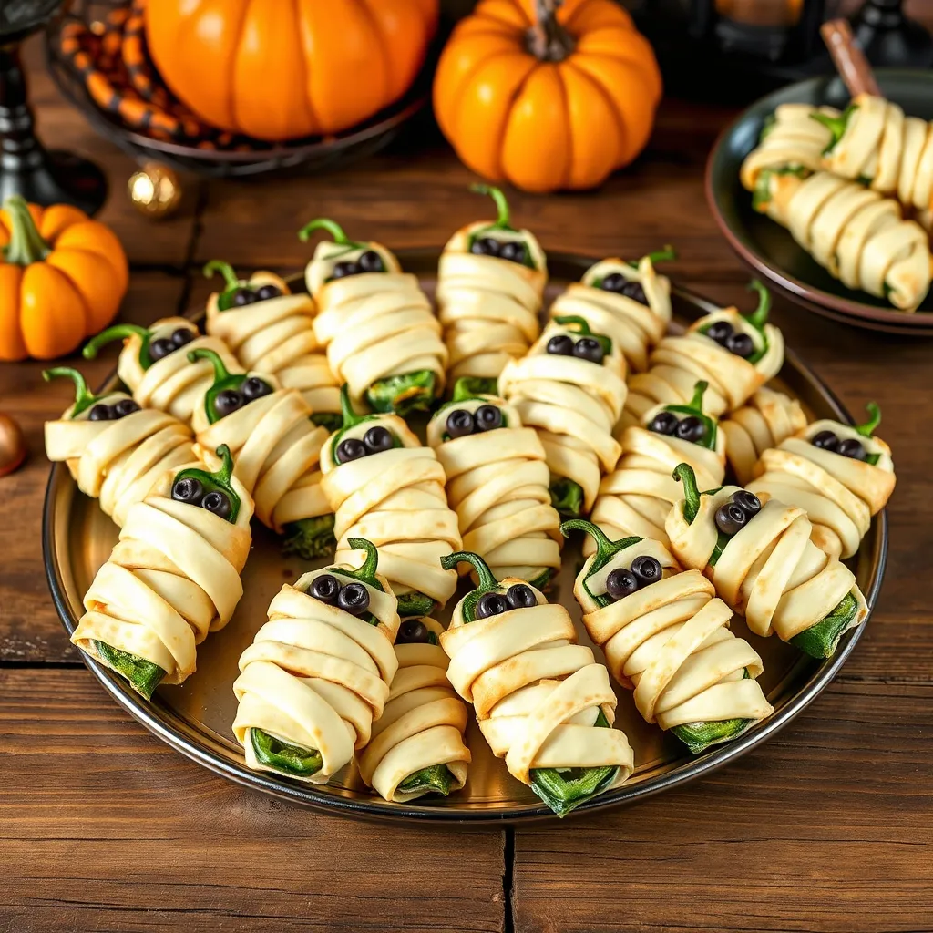 A beautifully arranged platter of Jalapeño Mummies, featuring jalapeño poppers wrapped in crescent roll dough, complete with edible eyes made from olives, set on a rustic wooden table decorated for Halloween.

