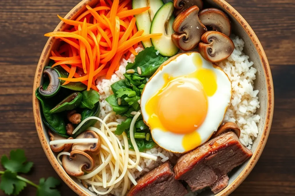 A delicious bowl of Korean Bibimbap featuring cooked rice, blanched spinach, julienned carrots, zucchini, bean sprouts, shiitake mushrooms, and a sunny-side-up egg, with sesame oil and optional beef slices