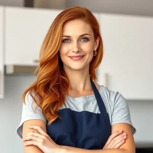 Linda, the creator of BeesRecipes.com, smiling warmly in her kitchen, surrounded by fresh ingredients and cooking utensils, showcasing her passion for creating delicious and comforting recipes