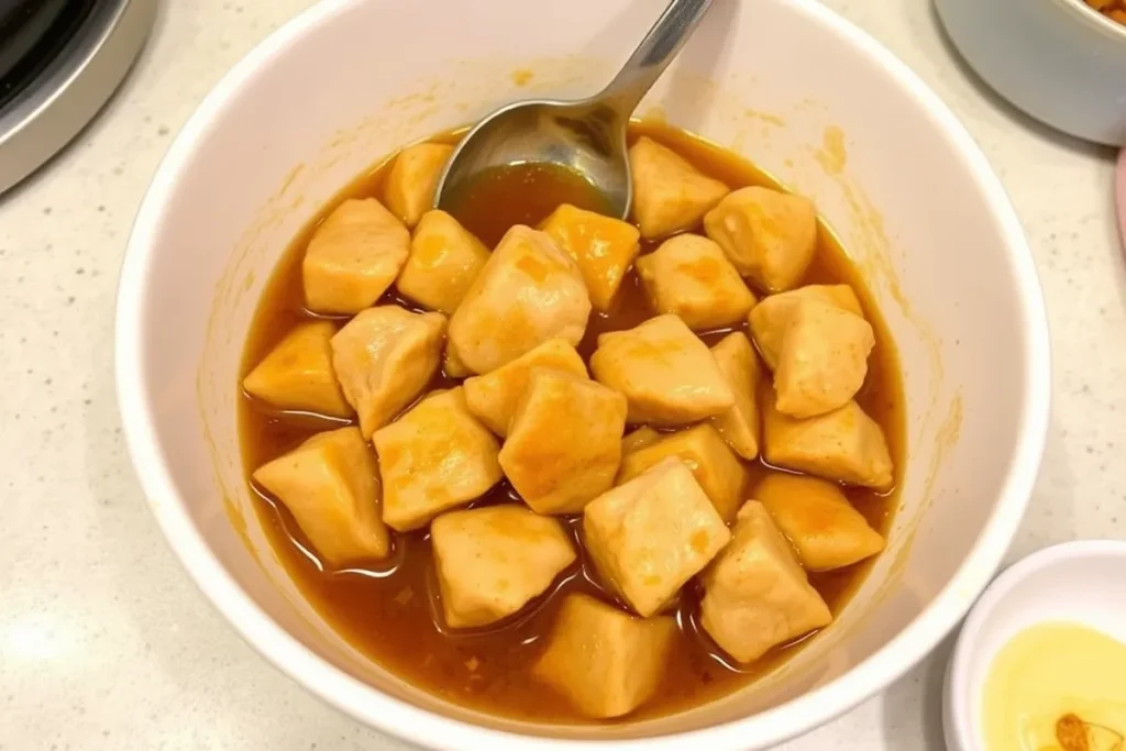 Chicken chunks marinating in a honey garlic mixture in a bowl, with a spoon mixing the marinade ingredients