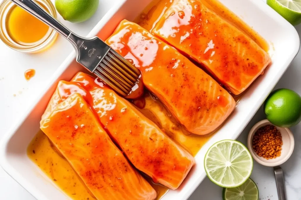 Salmon fillets in a dish being brushed with a honey-chipotle marinade, ready for grilling.