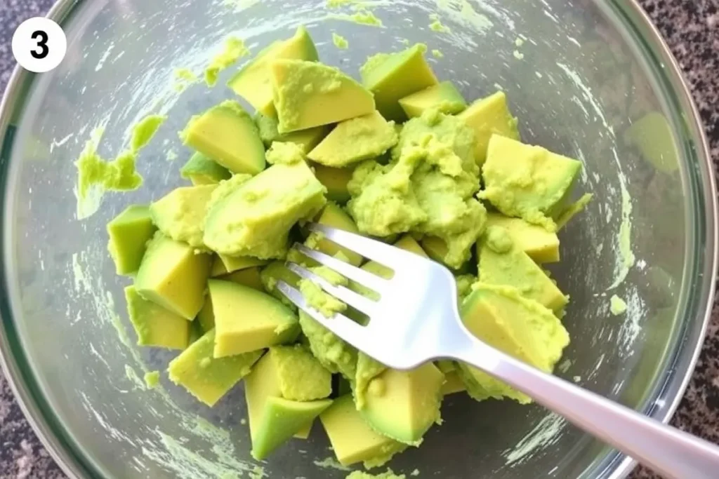 A fork mashing ripe avocados in a bowl to create a creamy texture.