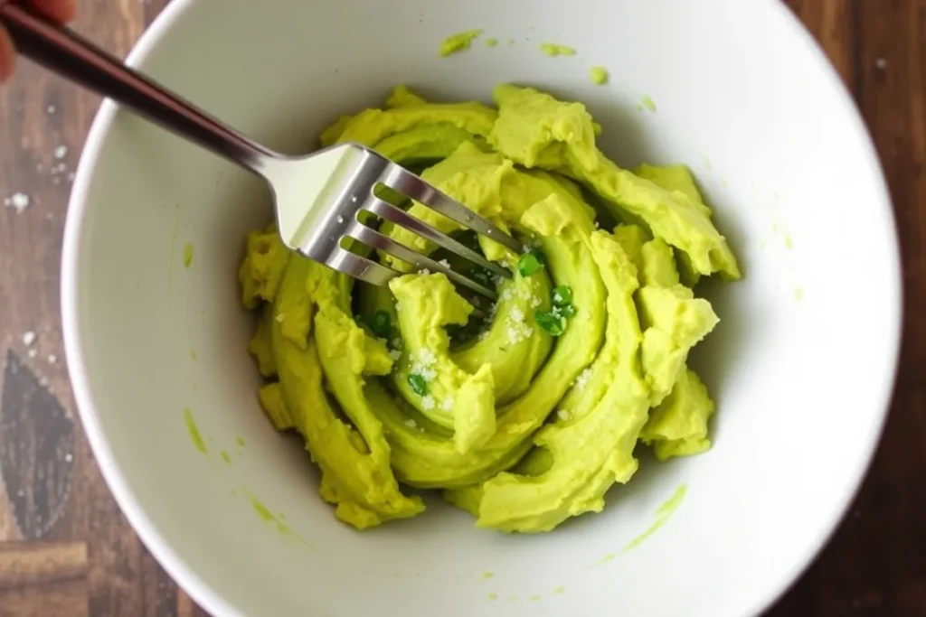 A bowl of mashed avocado with lime juice and salt for Smoked Salmon Avocado Toast preparation